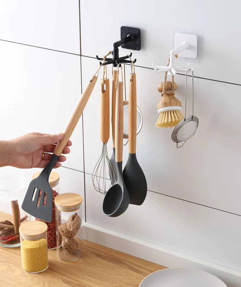 Rotated Kitchen Hooks Self Adhesive 6 Hooks Wall Door Hook Handbag Clothes