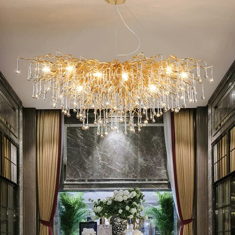 Modern light luxury branch-shaped golden crystal ceiling chandelier