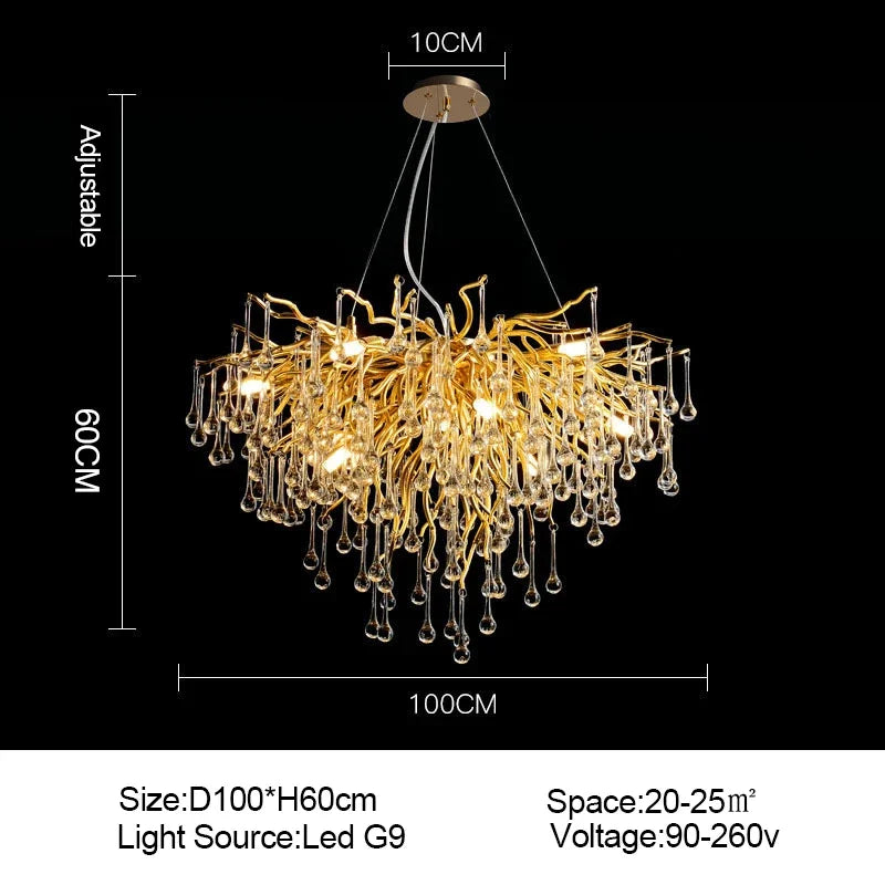 Modern light luxury branch-shaped golden crystal ceiling chandelier