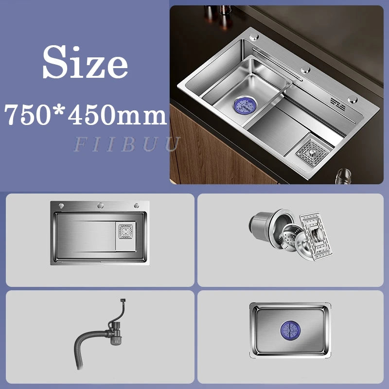 Multiple Size Nano 304 stainless steel kitchen sink large single-slot washbasin Bowl